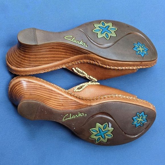 Clarks Artisan Beaded Leather Slip On Wedge 2.5in Heel Sandals Empress Tan Boho - Picture 6 of 13